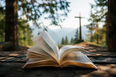 Open Bible Pages in Evergreen Morning Breeze