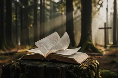 Open Bible Pages Turning in Evergreen Forest