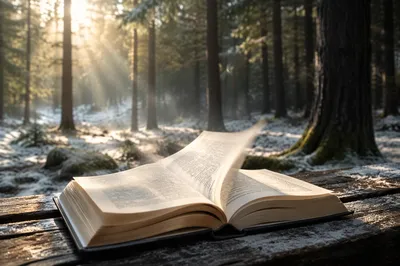 Open Bible Pages Turning in Evergreen Breeze
