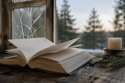 Open Bible Pages Turning by Evergreen Window