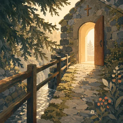 Open Chapel Door with Evergreen Morning Light