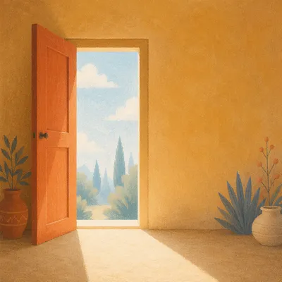 Open Terracotta Door with Morning Light