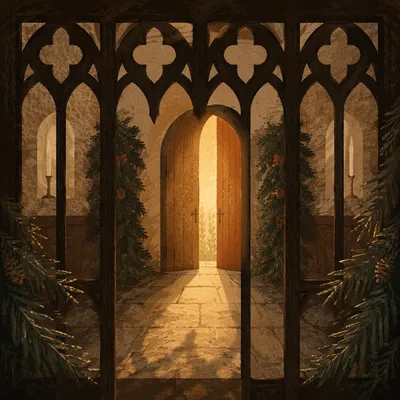 Open Chapel Door with Evergreen Light
