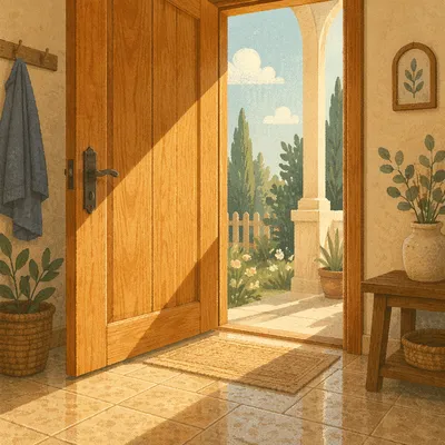 Open Wooden Door with Morning Light