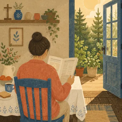 Morning Devotion by an Open Sunlit Door