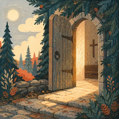 Open Chapel Door in Evergreen Light