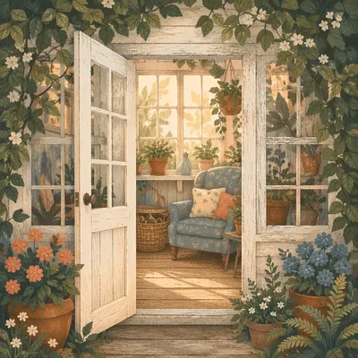 Open Greenhouse Door with Hopeful Sunlight
