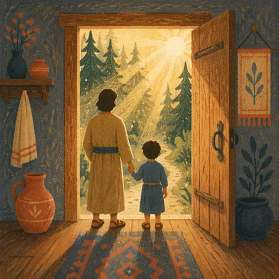 Open Cabin Door to Evergreen Morning Light