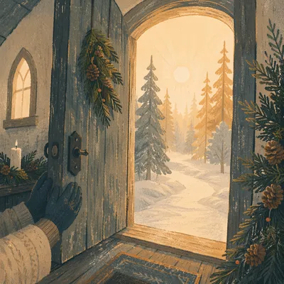 Open Chapel Door with Evergreen Dawn Light