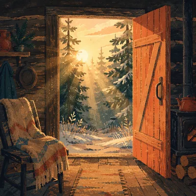 Open Cabin Door to Evergreen Dawn Light