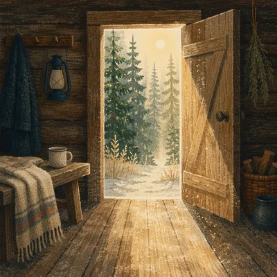 Open Cabin Door to Evergreen Light
