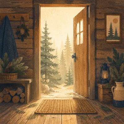 Open Cabin Door with Morning Forest Light