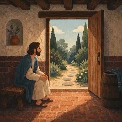 Open Arched Door with Evergreen Light