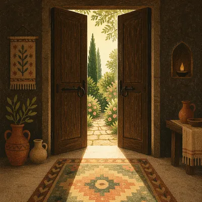 Open Rustic Door with Evergreen Light