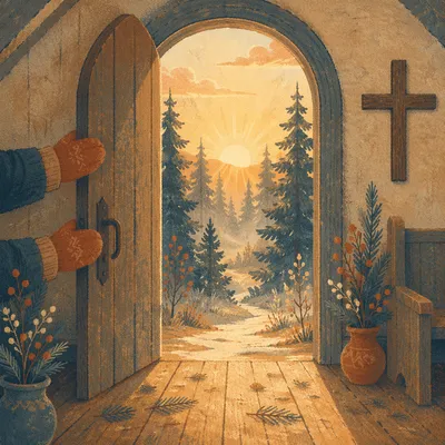 Open Chapel Door to Evergreen Dawn Light