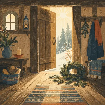 Open Timber Door with Evergreen Morning Light