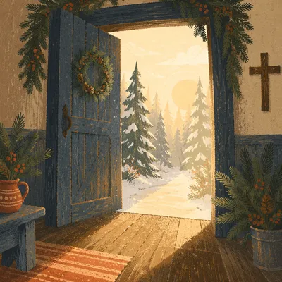 Open Chapel Door with Evergreen Sunrise