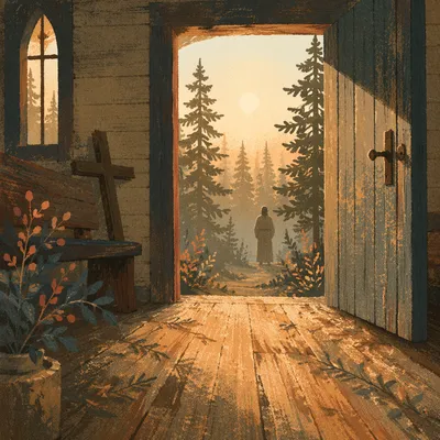 Open Chapel Door to Evergreen Dawn Light