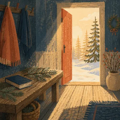 Open Chapel Door With Evergreen Morning Light