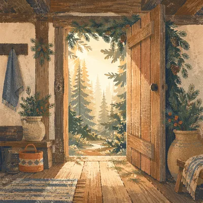 Open Cabin Door with Evergreen Morning Light