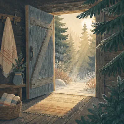 Open Cabin Door in Evergreen Morning Light