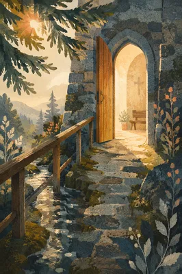 Open Chapel Door with Evergreen Morning Light