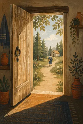 Open Cottage Door with Hopeful Sunlight