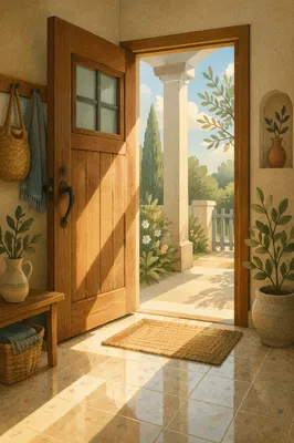 Open Wooden Door With Morning Light