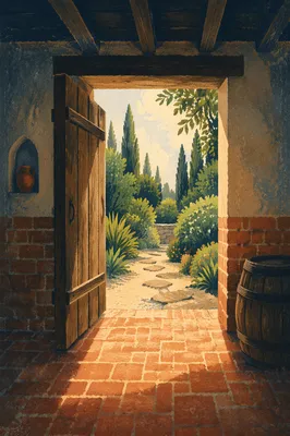 Open Doorway to Sunlit Evergreen Garden