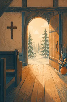 Open Chapel Door With Golden Winter Light