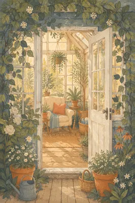 Open Greenhouse Door with Hopeful Light