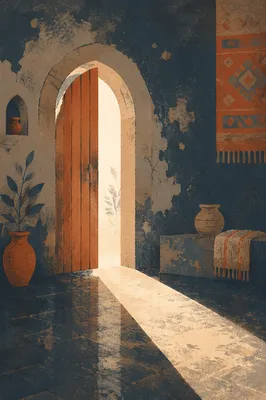 Open Arched Doorway with Streaming Light