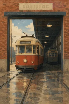 Vintage Streetcar Emerging Through Open Garage Door