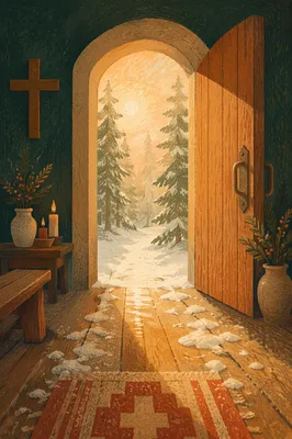 Open Chapel Door With Golden Dawn Light