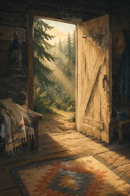 Open Cabin Door to Evergreen Light