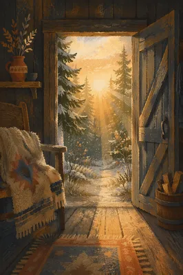 Open Cabin Door to Winter Forest Light