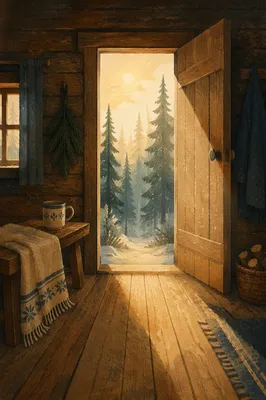 Open Cabin Door to Evergreen Morning Light