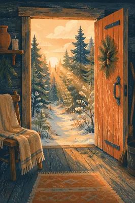 Open Cabin Door to Evergreen Dawn