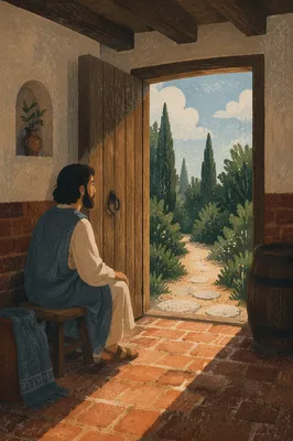 Open Wooden Door with Evergreen Light