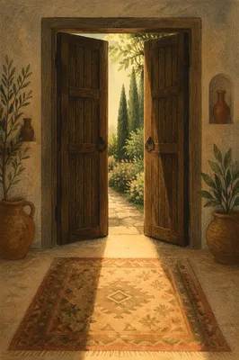 Open Wooden Door with Evergreen Light