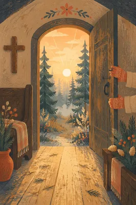 Open Chapel Door to Evergreen Dawn Light
