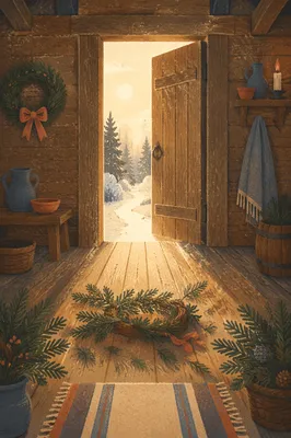Open Timber Door with Evergreen Light
