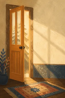 Open Wooden Door with Golden Morning Light