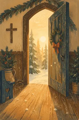 Open Chapel Door with Evergreen Light