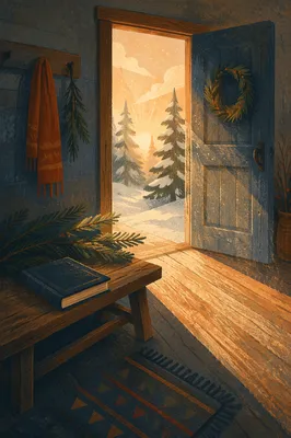 Open Chapel Door with Evergreen Morning Light