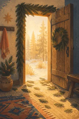 Open Rustic Door with Evergreen Light