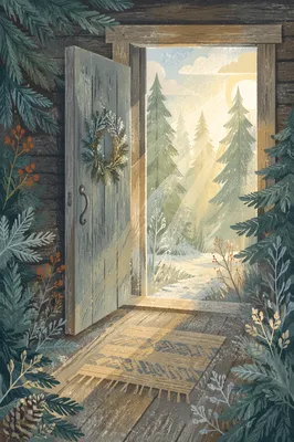 Open Cabin Door in Evergreen Morning Light