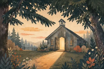 Open Chapel Door Beneath Evergreen Shadows