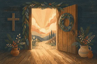 Open Chapel Door with Evergreen Light