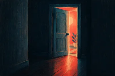 Open Wooden Door With Crimson Light